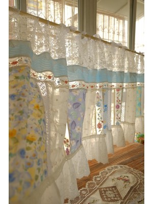 Blue patchwork lace curtain valance