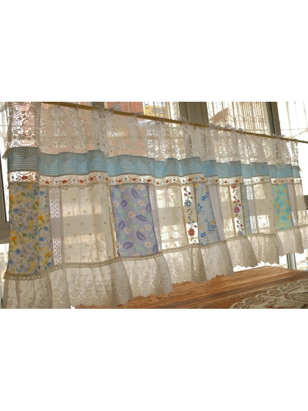 Blue patchwork lace curtain valance