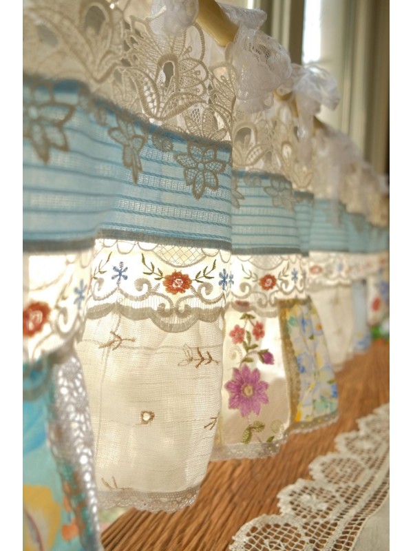French Blue Fabric Farmhouse Lace Curtains