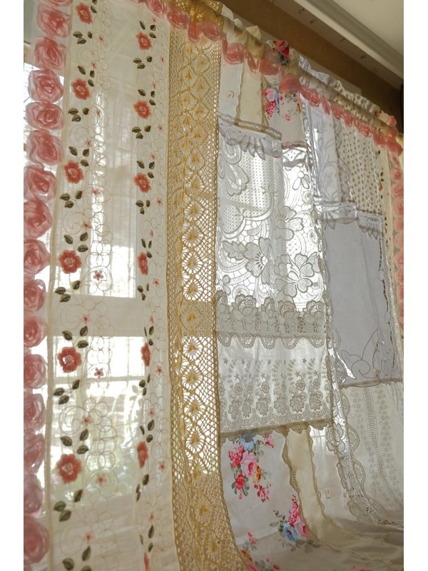 Vintage patchwork lace curtains with rose decoration